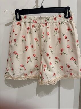 Prada inspired  Cream Floral Lace-Elastic waist  Shorts with Pink Flowers
